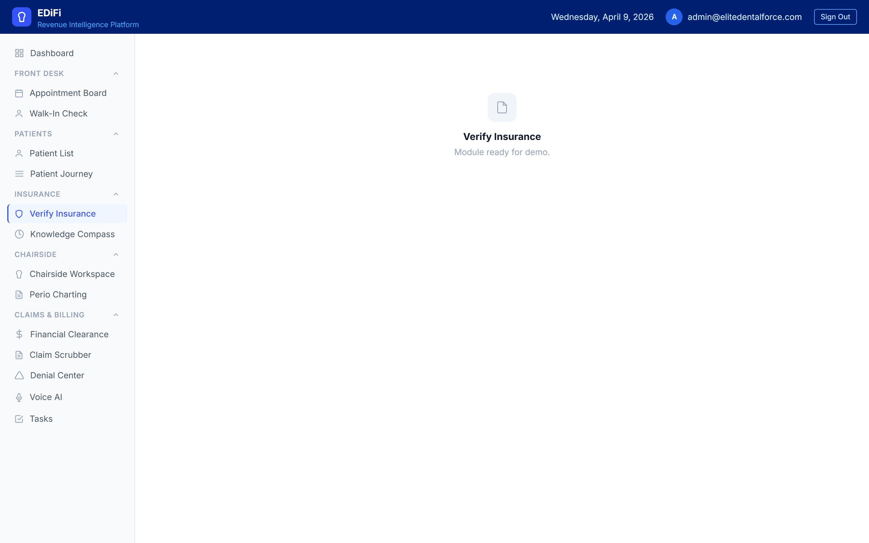 EDiFi Insurance Verification — real time eligibility check showing coverage details, deductible, and benefit breakdown for a patient