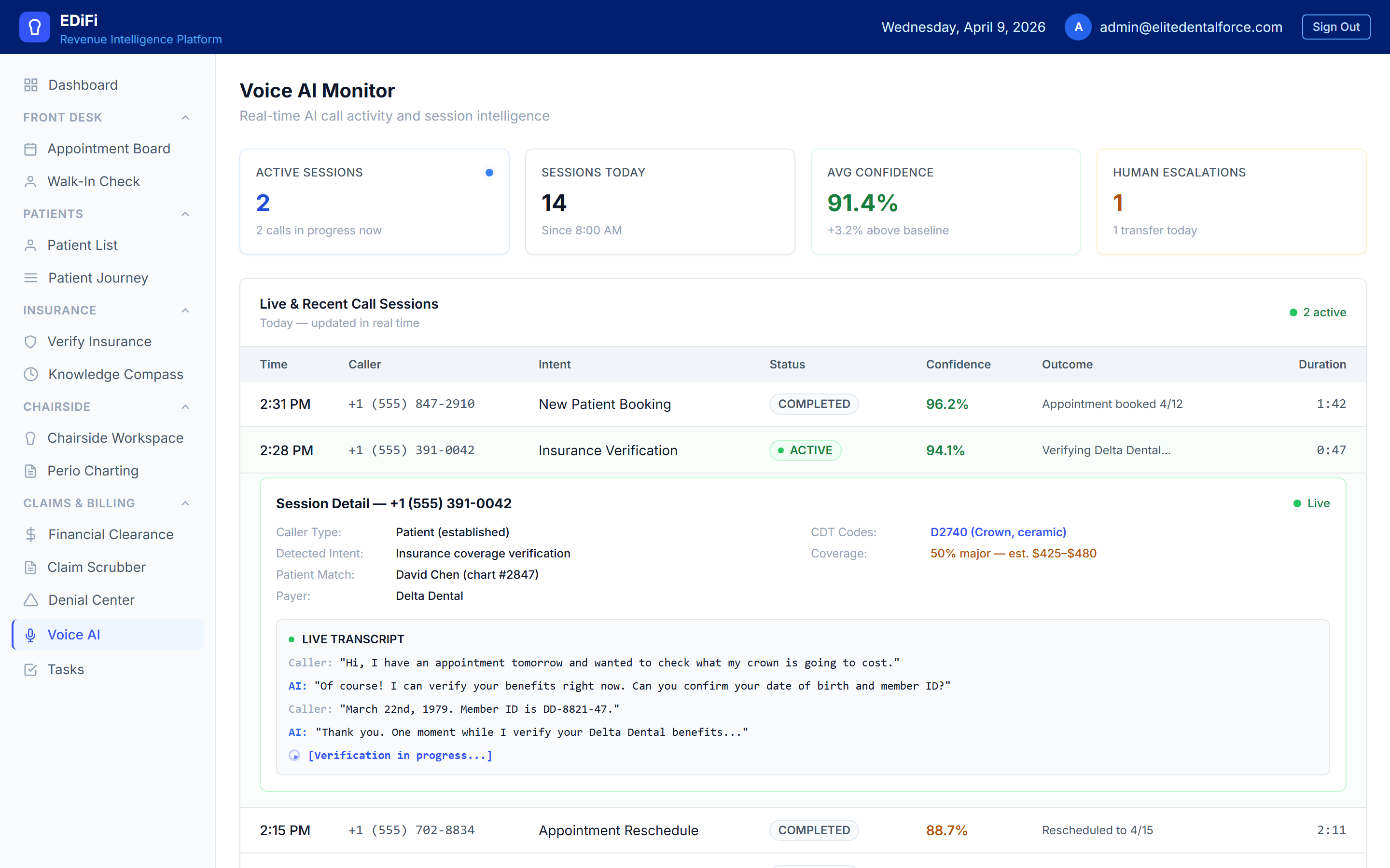 EDiFi Voice AI Monitor — live call activity showing Bella handling insurance verification calls with real-time transcripts